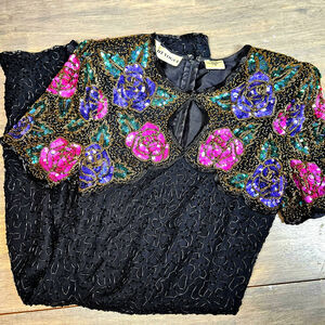 Night Vogue Vintage Beaded Silk Cocktail Dress Black‎ Floral Sequin Small